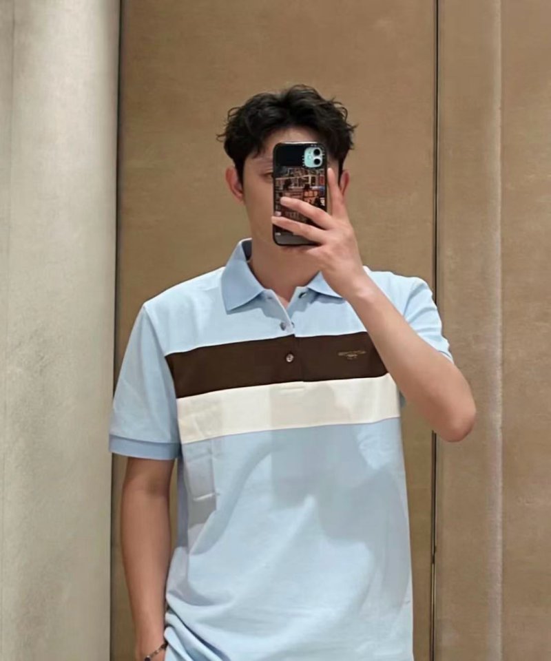 Striped Colour-Block Polo Shirt – Light Blue / Brown / White view