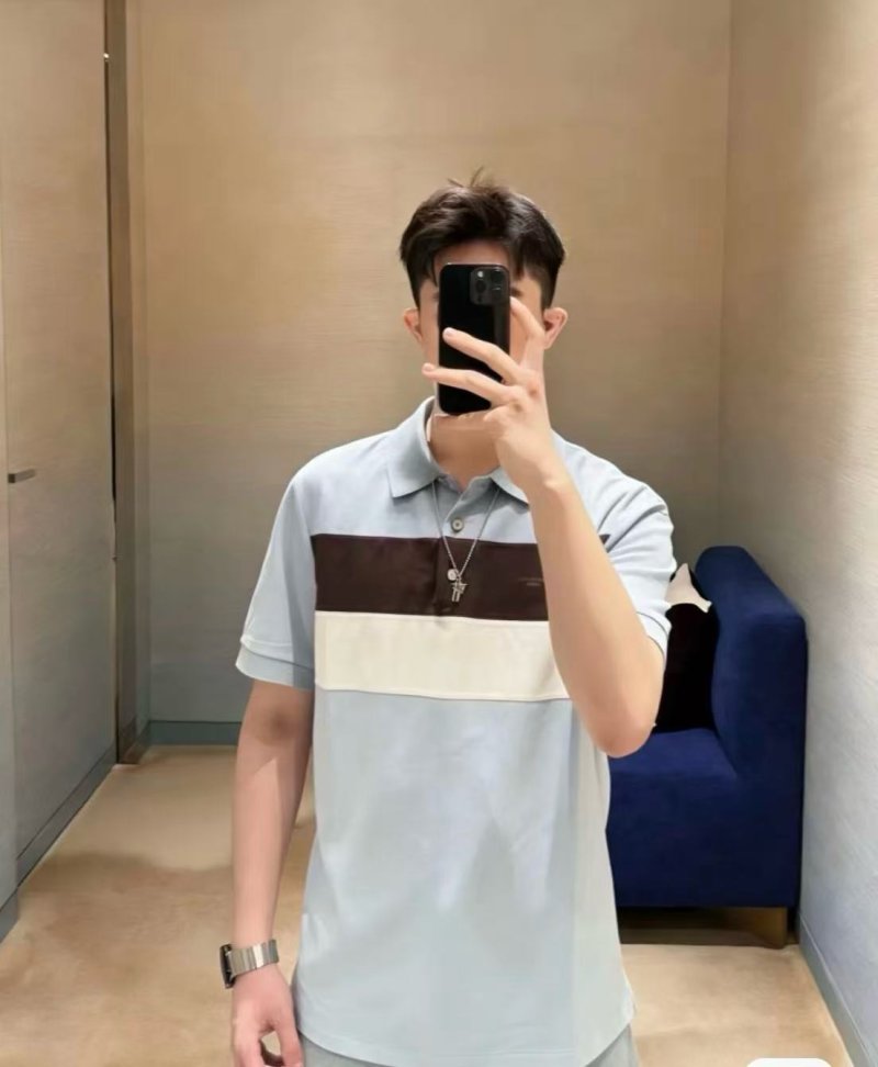 Striped Colour-Block Polo Shirt – Light Blue / Brown / White view