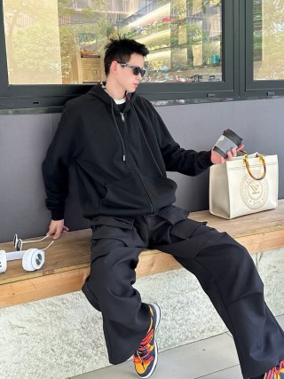 Black Zip Hoodie Jacket with Cargo Details view 4
