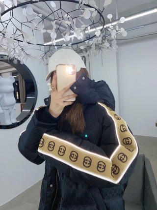 Black Quilted Down Jacket with Gold Monogram Print view 7