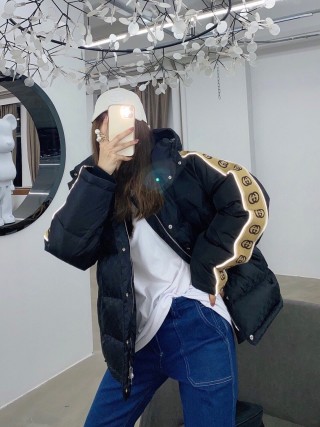 Black Quilted Down Jacket with Gold Monogram Print view 8