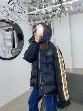 Black Quilted Down Jacket with Gold Monogram Print view 9