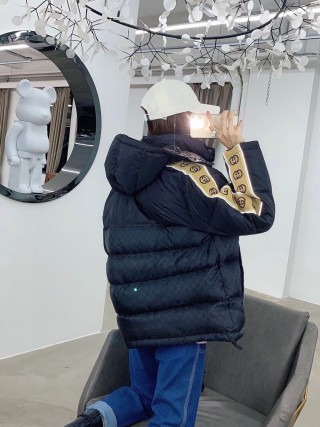 Black Quilted Down Jacket with Gold Monogram Print view 10