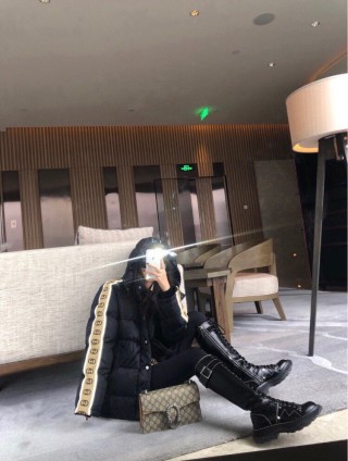 Black Quilted Down Jacket with Gold Monogram Print view 11