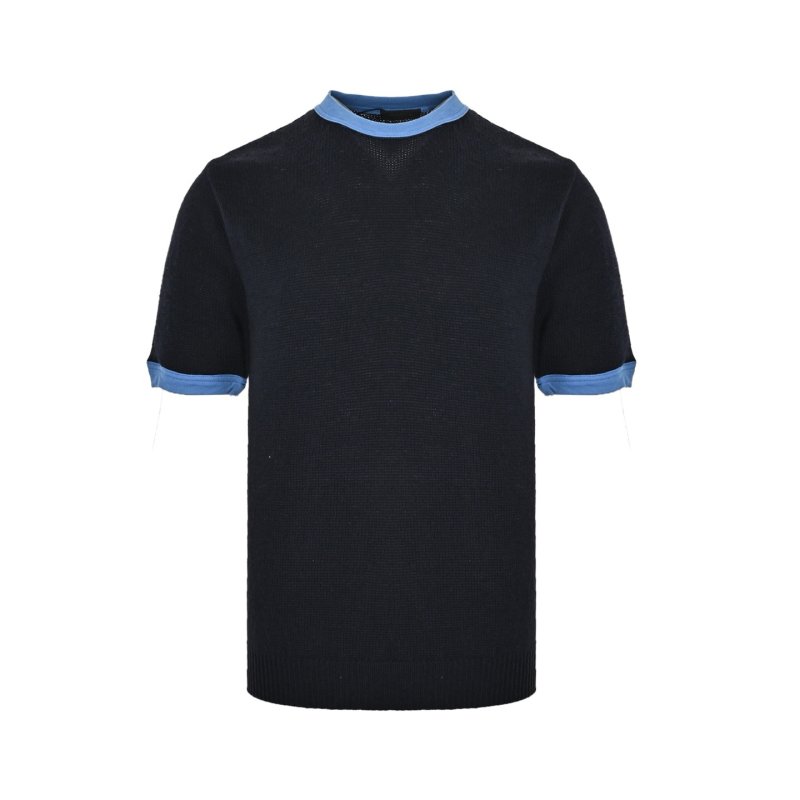 Navy Ribbed Knit T-Shirt with Blue Contrast Trim view