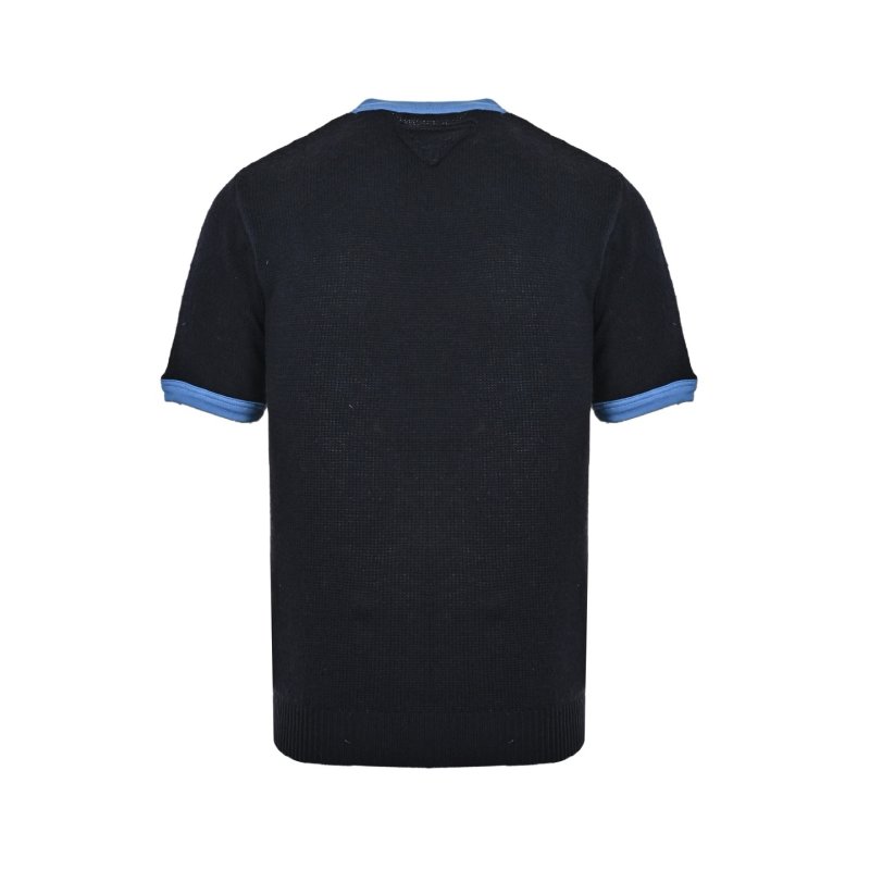 Navy Ribbed Knit T-Shirt with Blue Contrast Trim view