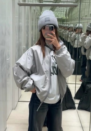 Beige Oversized Windbreaker Jacket with Embroidered Sleeve Detail view 7