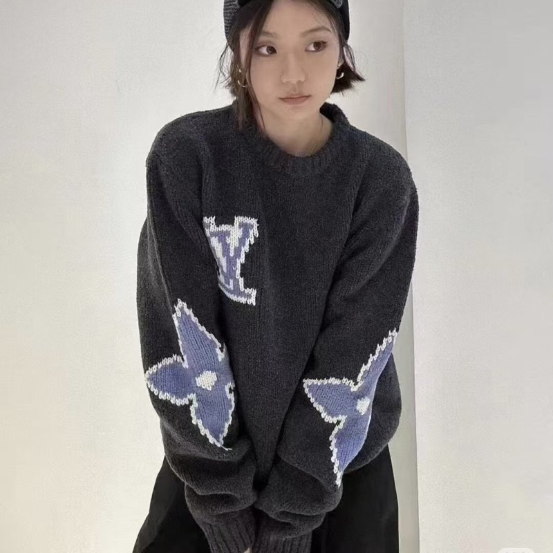 Charcoal Knit Sweater with Blue Graphic Print