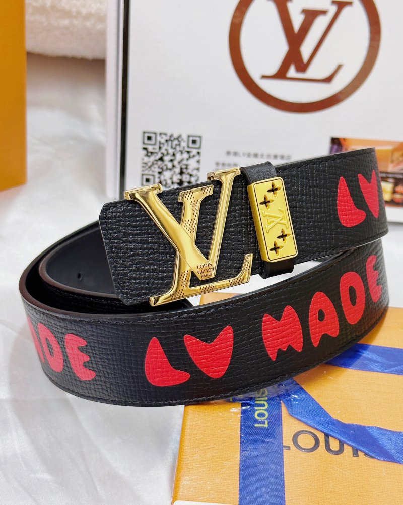 Louis Vuitton Black Leather Belt with Gold LV Buckle and Red Heart Print