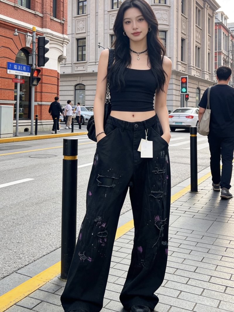 Black Distressed Wide-Leg Jeans with Purple Graffiti Details