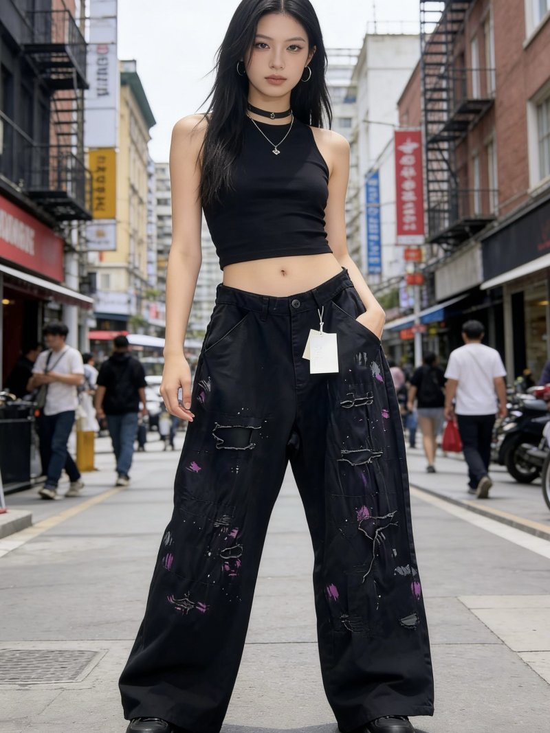 Black Distressed Wide-Leg Jeans with Purple Graffiti Details view