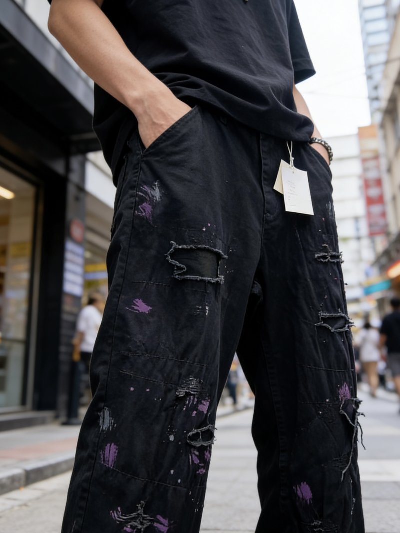 Black Distressed Wide-Leg Jeans with Purple Graffiti Details view