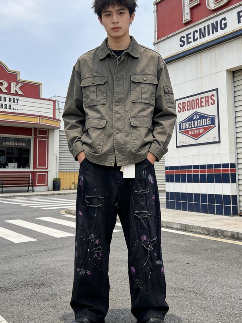 Black Distressed Wide-Leg Jeans with Purple Graffiti Details view