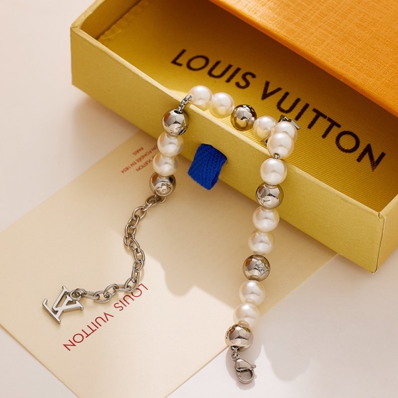 Louis Vuitton Pearl & Metal Bead Bracelet Silver