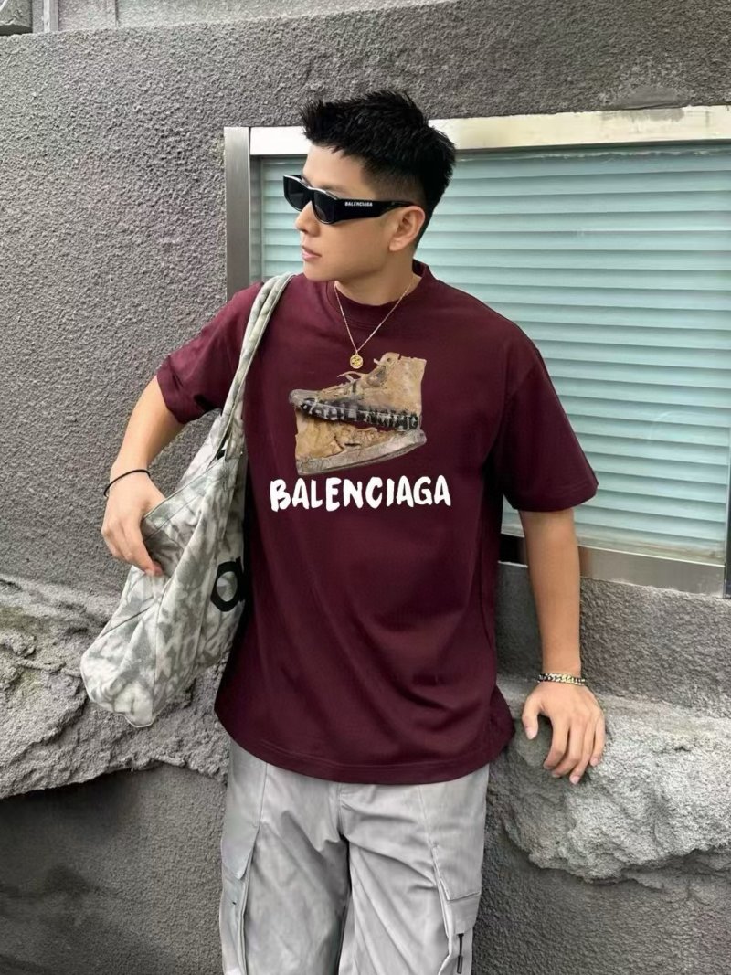 Balenciaga Burgundy Distressed Logo T-Shirt