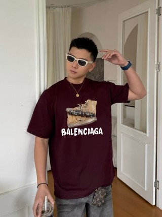Balenciaga Burgundy Distressed Logo T-Shirt view 2