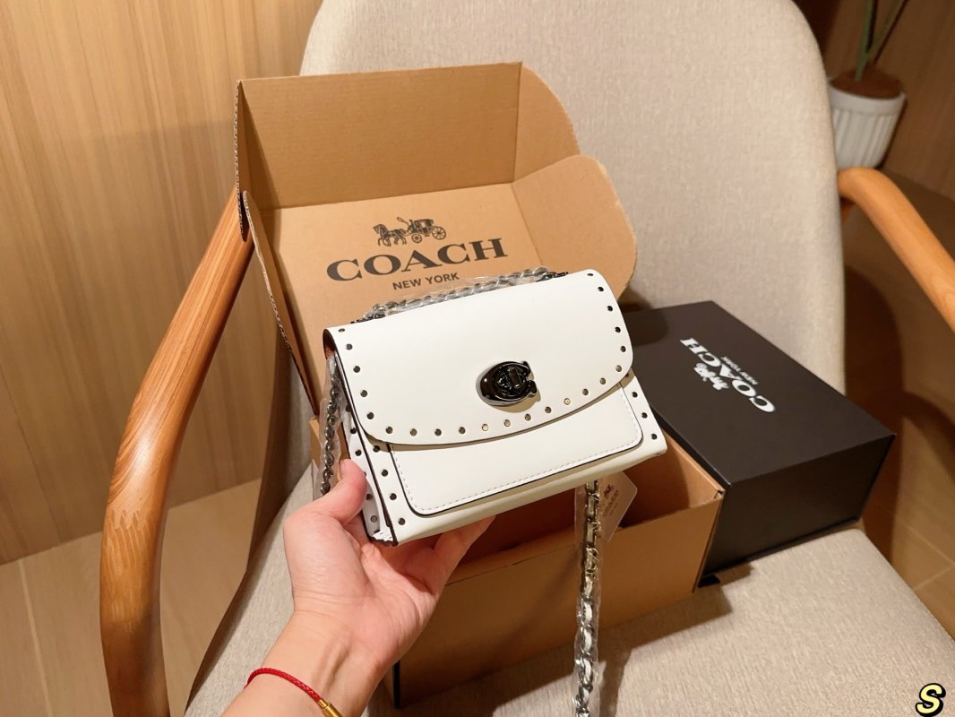 Coach Parker Studded Camellia Chain Shoulder Bag White