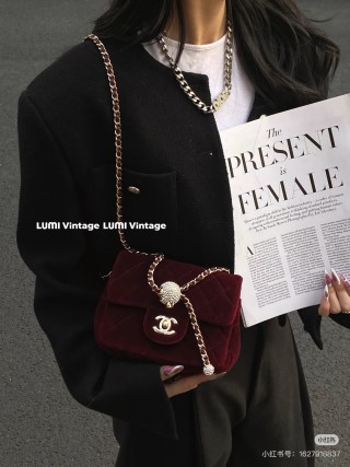 Velvet Pearl Ball Chain Shoulder Bag - Burgundy view 2