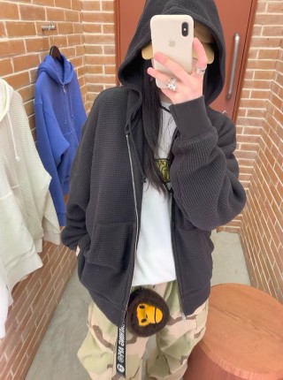 Essentials Black Waffle Knit Zip Hoodie view 3