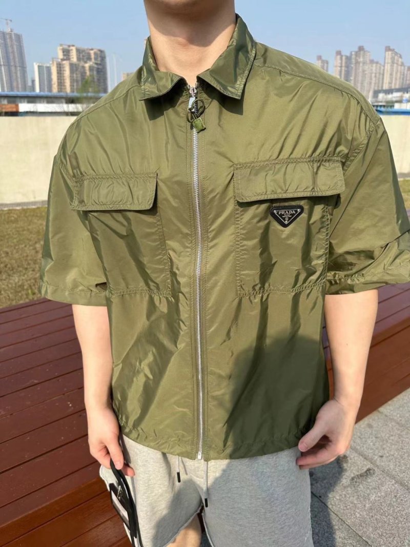 Prada Technical Nylon Short-Sleeve Shirt Jacket Sage Green