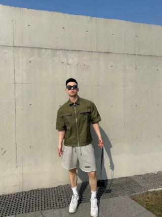 Prada Technical Nylon Short-Sleeve Shirt Jacket Sage Green view 2