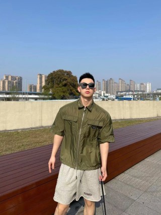 Prada Technical Nylon Short-Sleeve Shirt Jacket Sage Green view 4