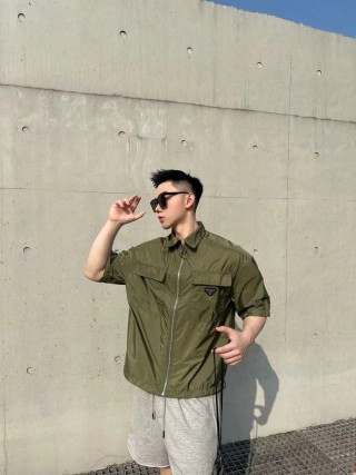 Prada Technical Nylon Short-Sleeve Shirt Jacket Sage Green view 6