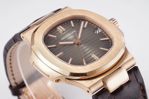 Patek Philippe Nautilus Rose Gold Brown Dial Leather Watch view 2