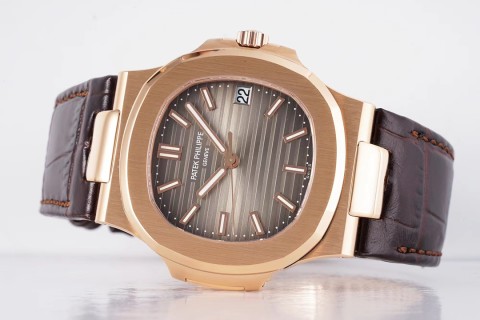 Patek Philippe Nautilus Rose Gold Brown Dial Leather Watch view 4