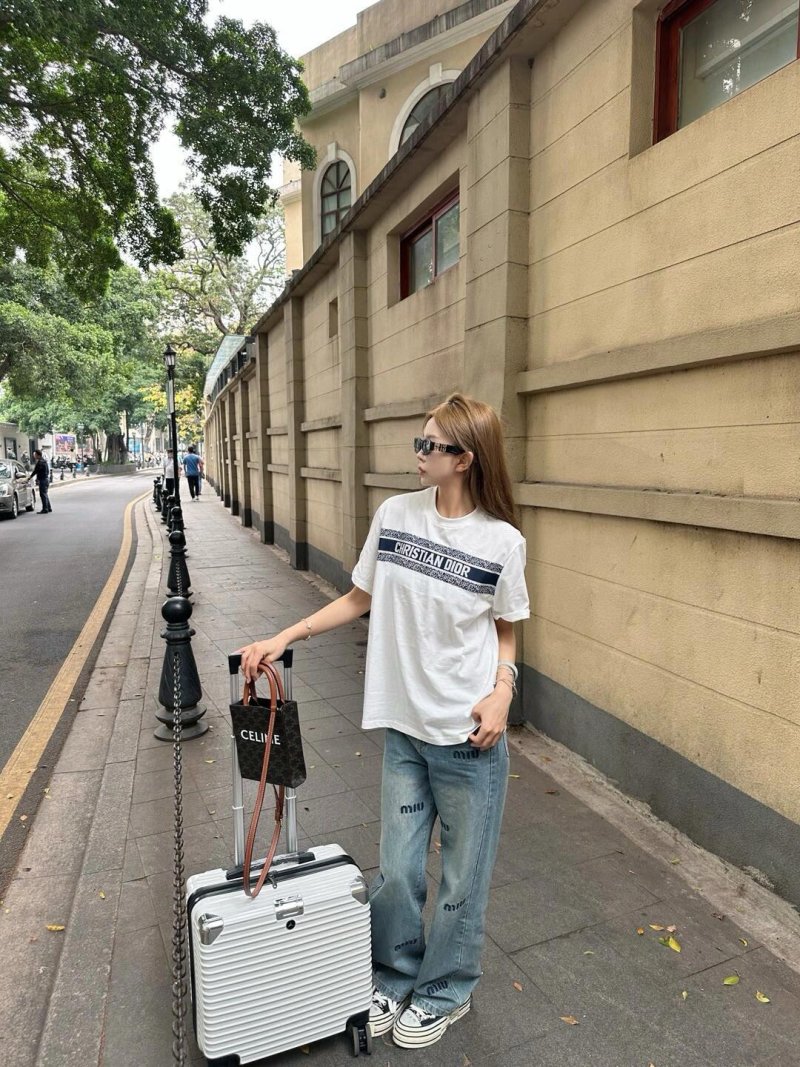 Celine White Logo Stripe Short Sleeve T-Shirt