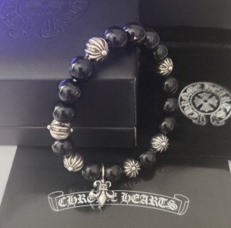 Chrome Hearts Cross Flower Silver Bead Black Onyx Bracelet