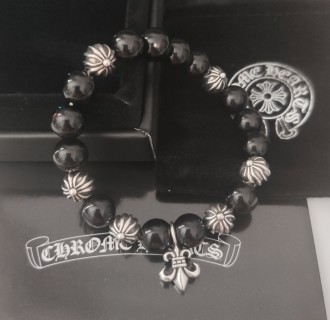Chrome Hearts Cross Flower Silver Bead Black Onyx Bracelet view 3