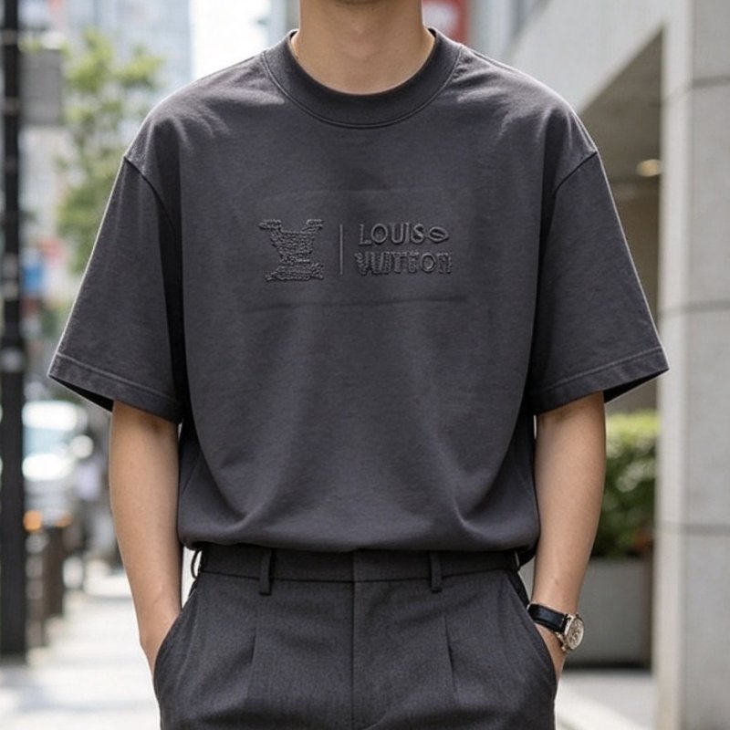 Louis Vuitton Monogram Logo Embroidered Charcoal T-Shirt