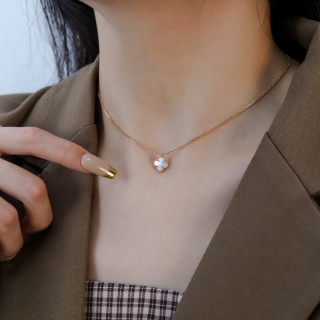 Rose Gold Mother of Pearl Clover Pendant Necklace view 3