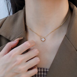 Rose Gold Mother of Pearl Clover Pendant Necklace view 4