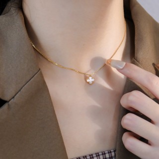 Rose Gold Mother of Pearl Clover Pendant Necklace view 5