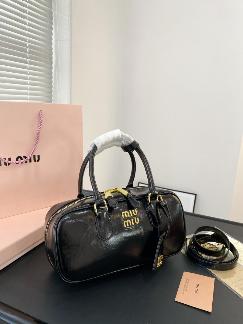 Miu Miu Black Leather Bowling Bag with Gold Hardware