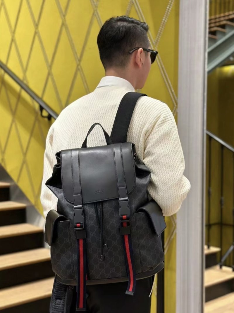 Gucci GG Supreme Black Leather Backpack with Red Web Straps