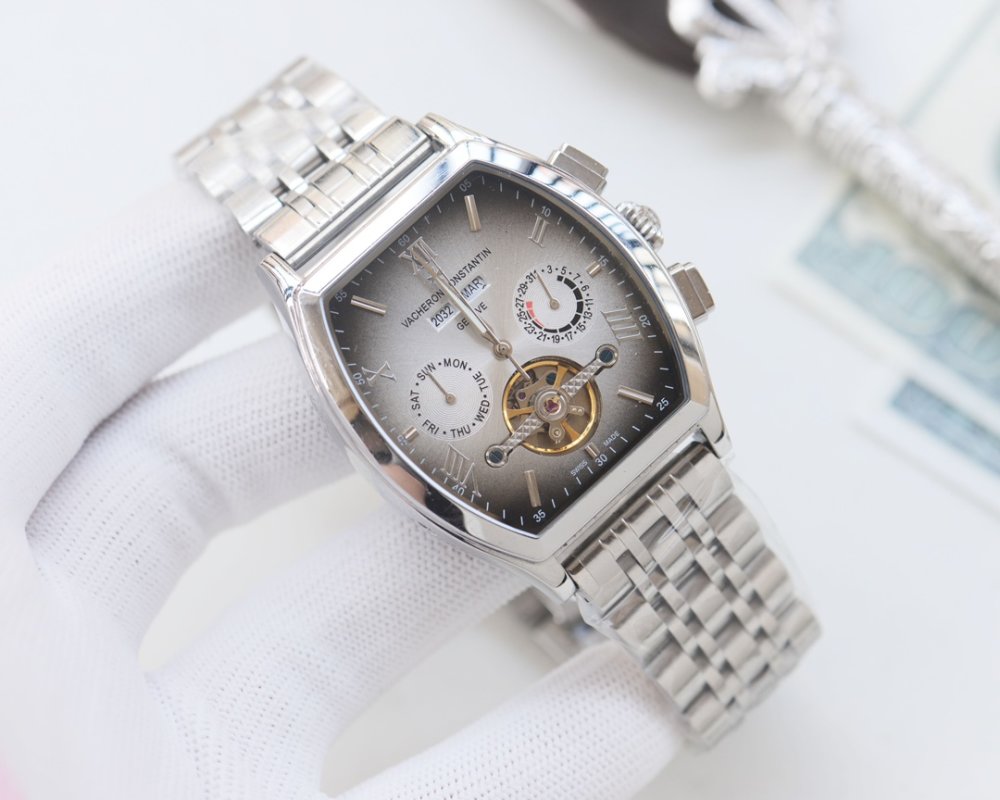 Vacheron Constantin Inspired Tonneau Tourbillon Automatic Watch Silver