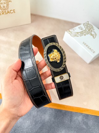 Versace Medusa Crocodile Leather Belt Black & Gold
