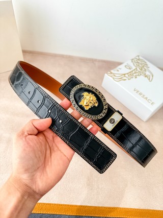 Versace Medusa Crocodile Leather Belt Black & Gold view 3