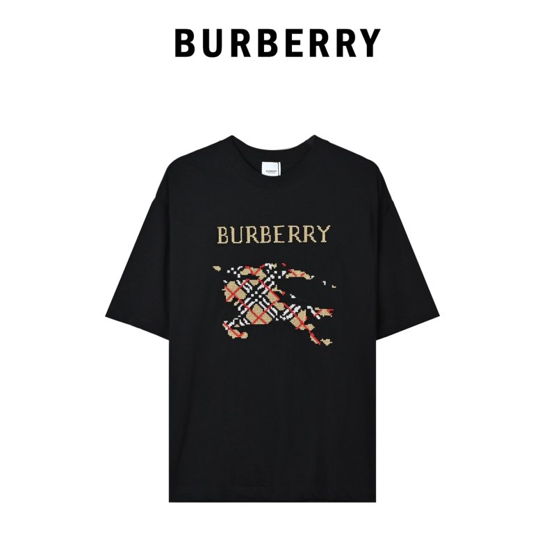Burberry Black Short Sleeve T-Shirt with Embroidered Plaid Logo view