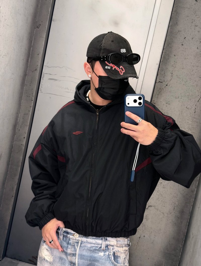 Black & Burgundy Colorblock Windbreaker Jacket