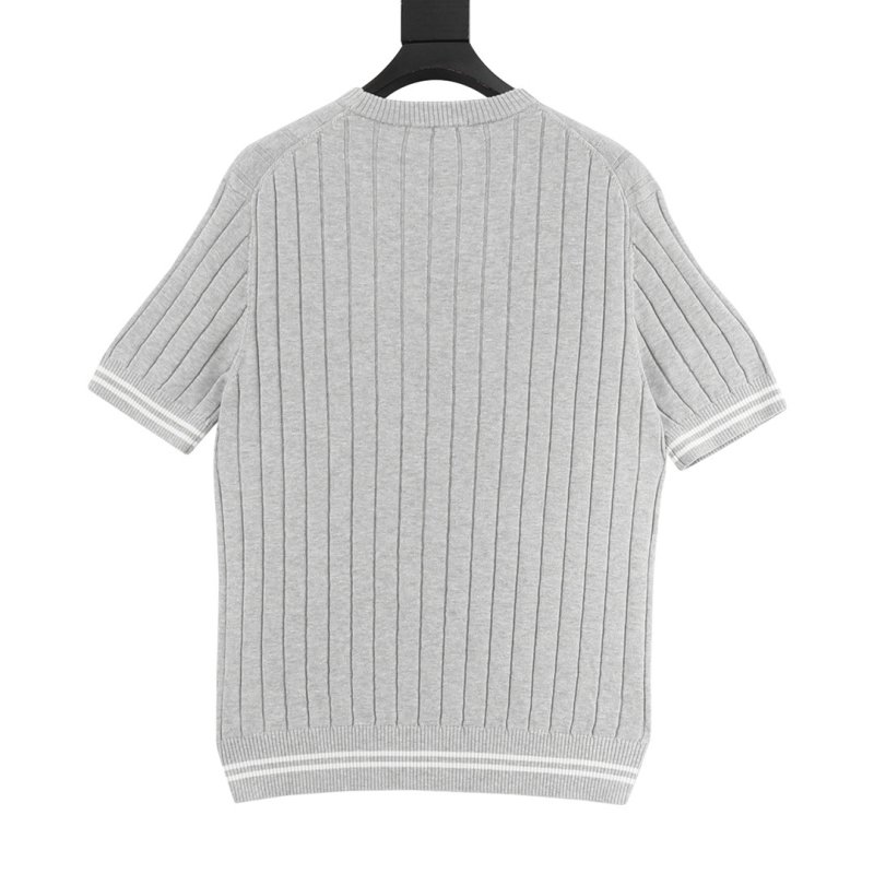 Grey Vertical Stripe Knit Sweater with Ribbed Trim view