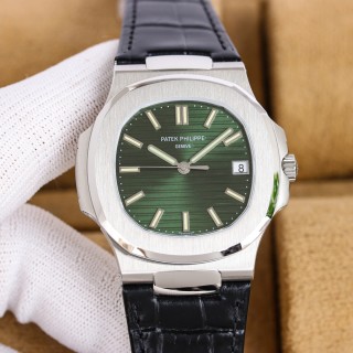 Patek Philippe Nautilus Blue Dial Leather Strap Watch view 3