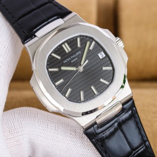 Patek Philippe Nautilus Blue Dial Leather Strap Watch view 5
