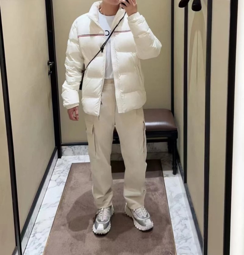 White Puffer Down Jacket with Red Stripe view