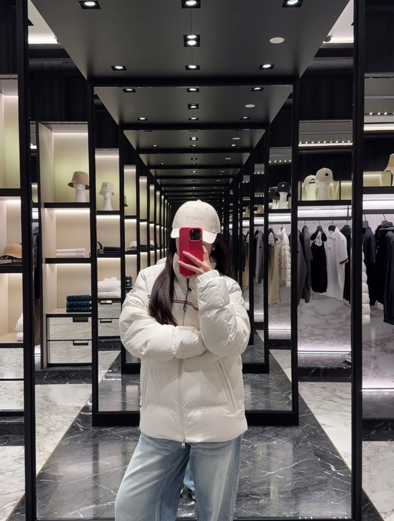 White Puffer Down Jacket with Red Stripe view