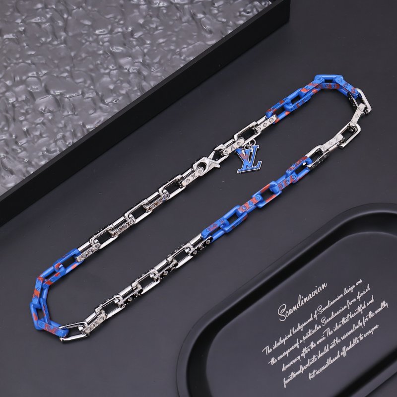 Louis Vuitton Acrylic Resin Metal Chain Link Necklace Blue Red