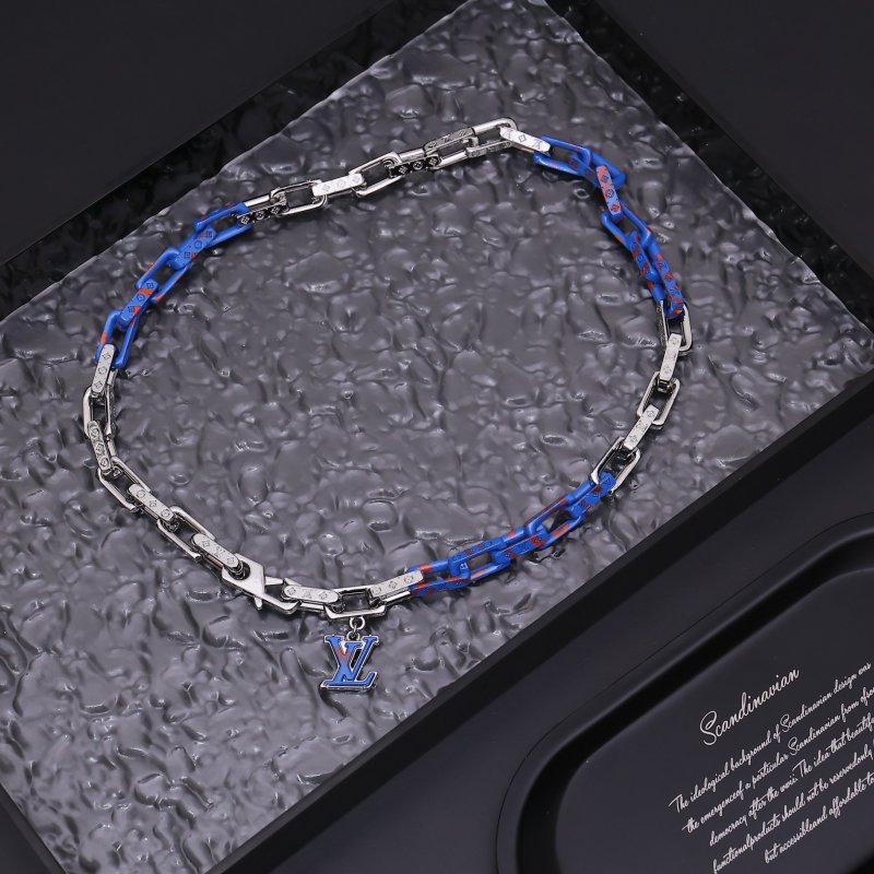 Louis Vuitton Acrylic Resin Metal Chain Link Necklace Blue Red view